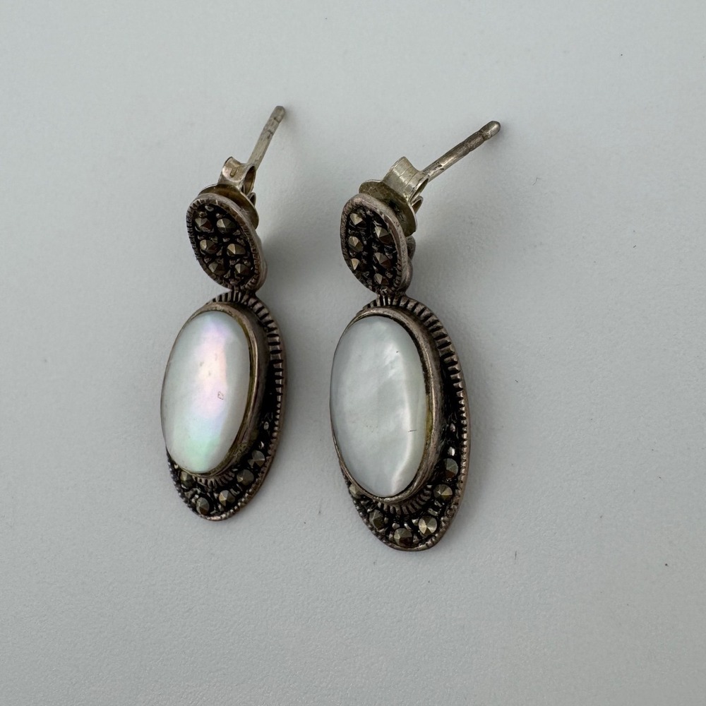 Vintage 925 Sterling Silver Mother of Pearl Oval Drop‎ Earrings Art Deco